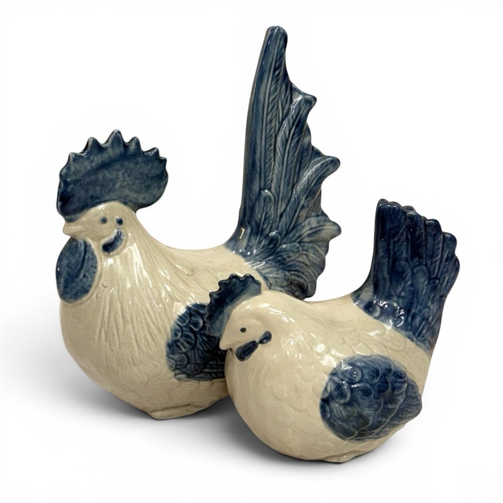 Ceramic Rooster & Hen Figurines Set Farmhouse Cottage Decor Blue & Country White